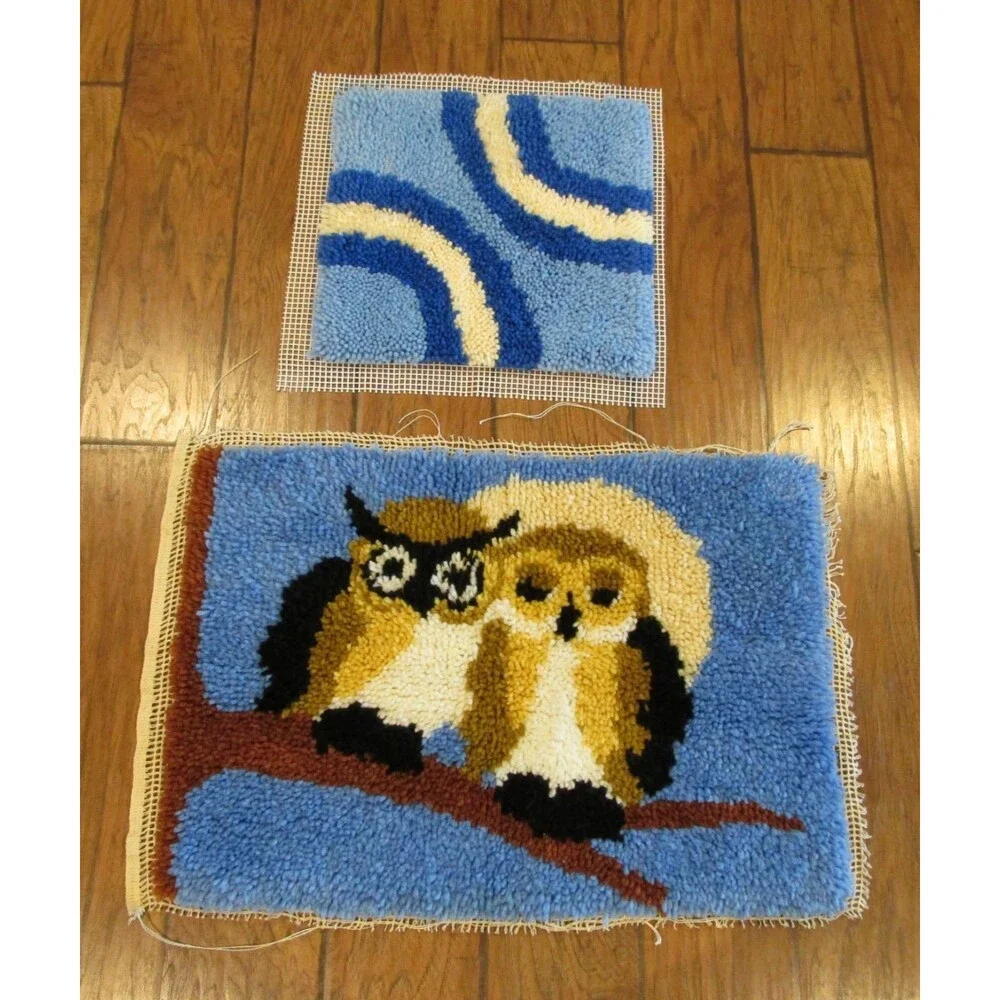 1970's OWL Couple Matching Pillow front Latch hook Wall hanging Rug